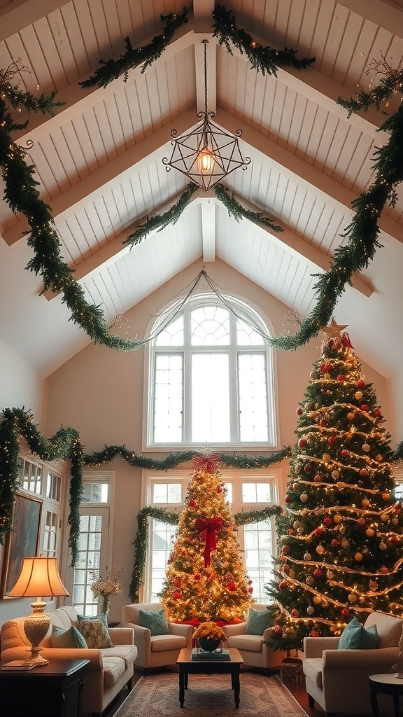 Living room with vaulted ceiling decorated for Christmas, featuring a large tree, garlands, and warm lighting.